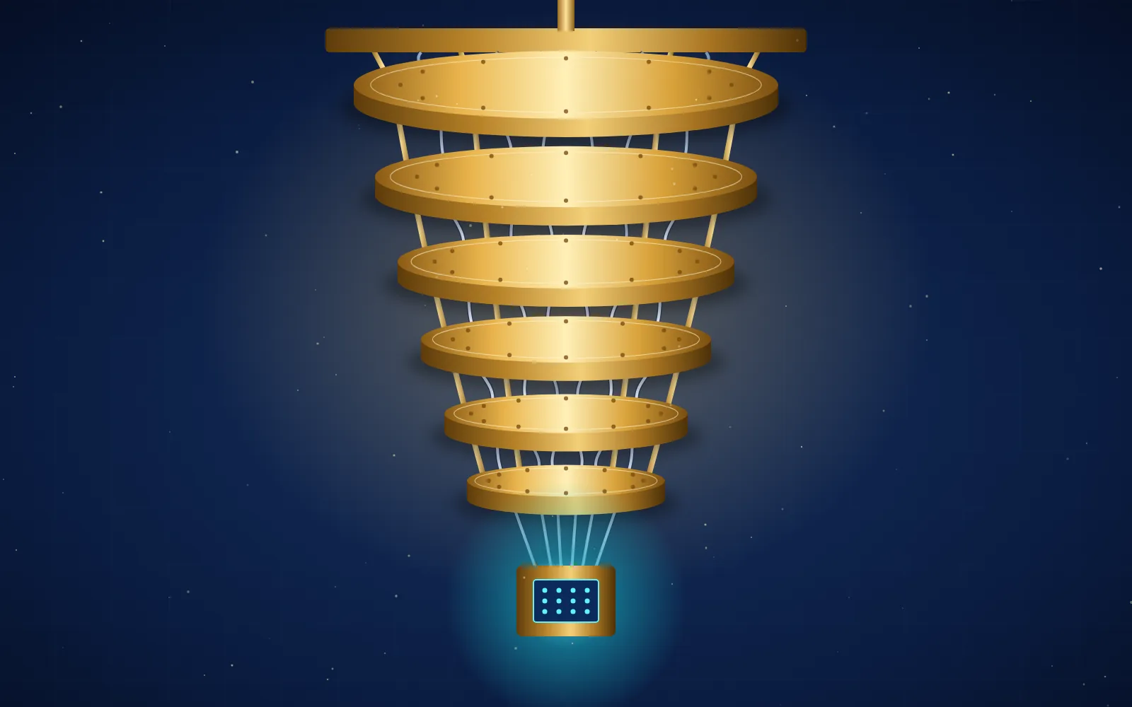 Illustration of a superconducting quantum computer with gold cooling stages